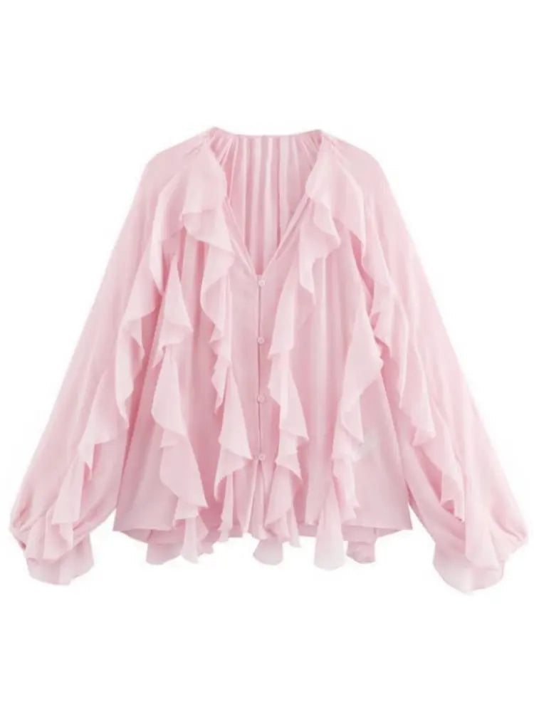 Women's Ruffle Trim Sheer Blouse – V Neck Button Front Long Sleeve Party