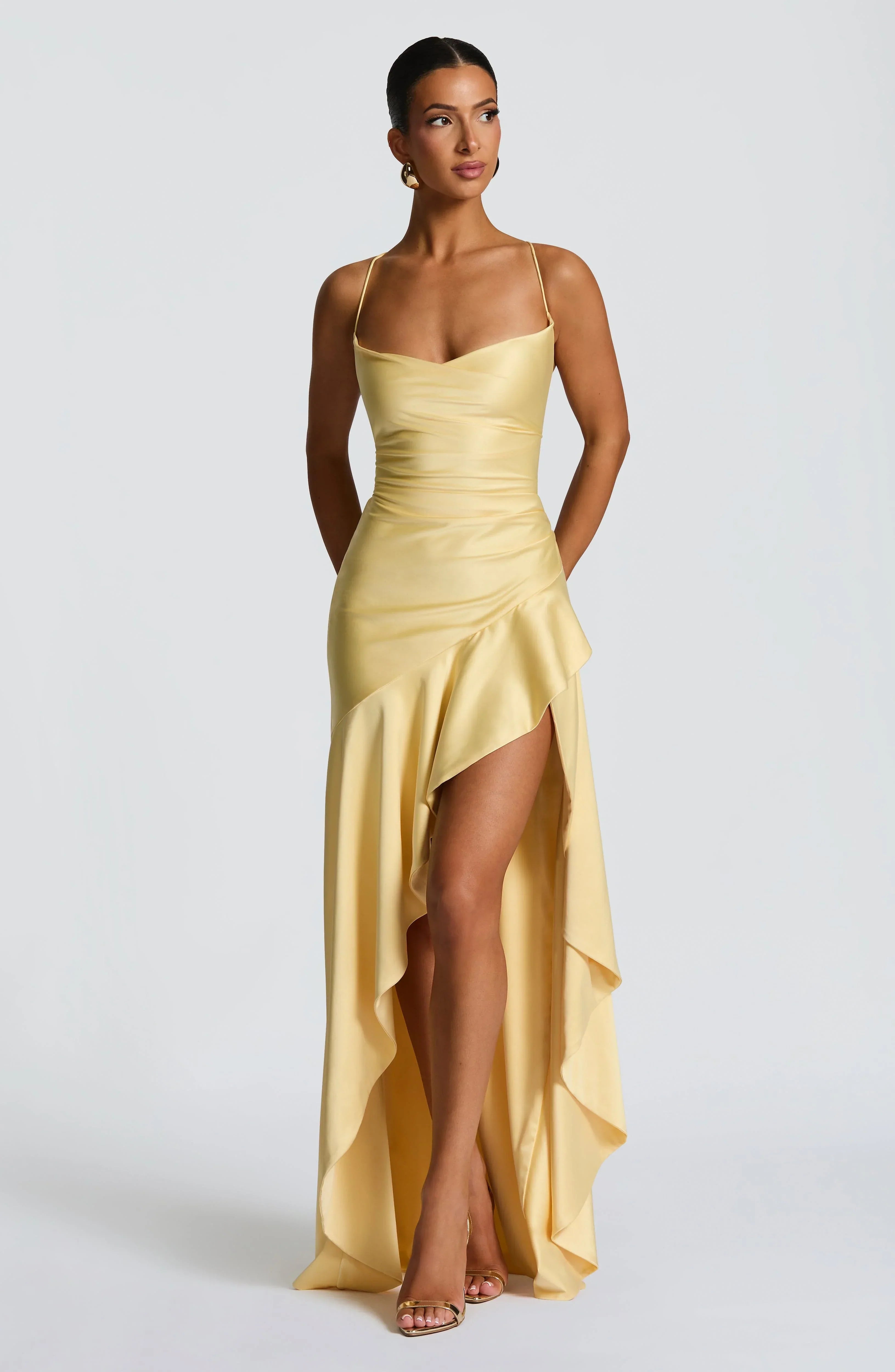 Women's Satin Maxi Dress – Ruched Bodice High Slit Ruffle Hem Wedding Guest