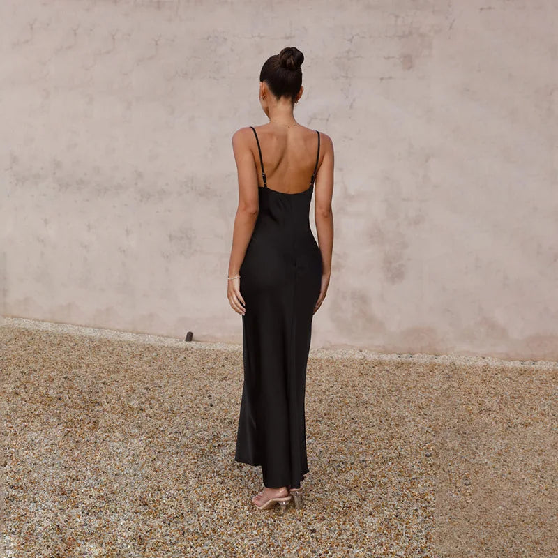 Women's Satin Slip Maxi Dress – Cowl Neck Spaghetti Strap Wedding Guest