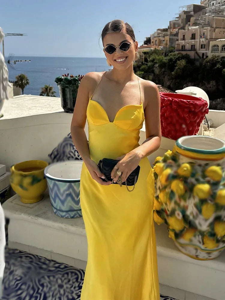 Women's Satin Slip Maxi – Spaghetti Strap V Neck Pocket Wedding Guest Dress