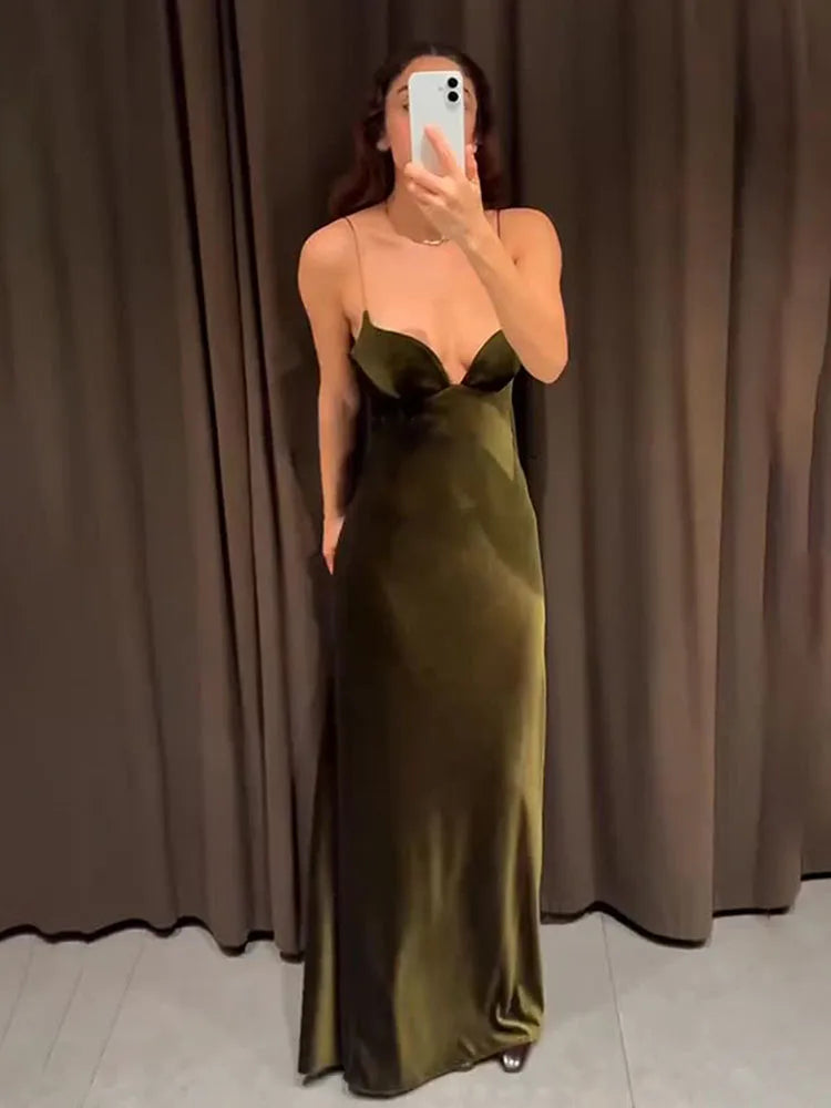 Women's Satin Slip Maxi – Spaghetti Strap V Neck Pocket Wedding Guest Dress
