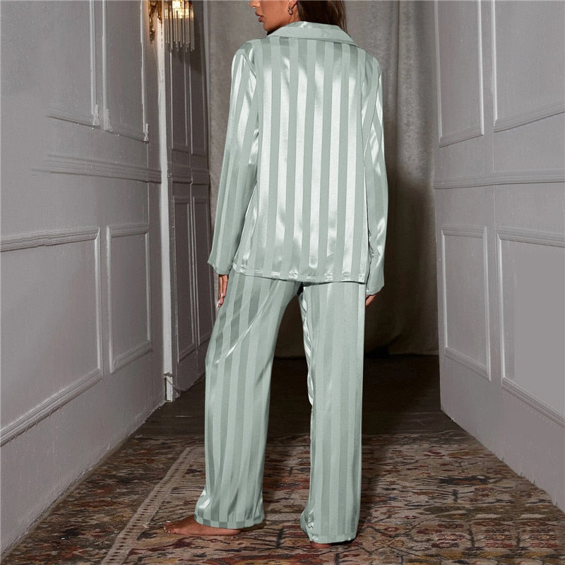 Women's Satin Stripe Pajama Set – Long Sleeve Button Front Wide Leg Sleepwear
