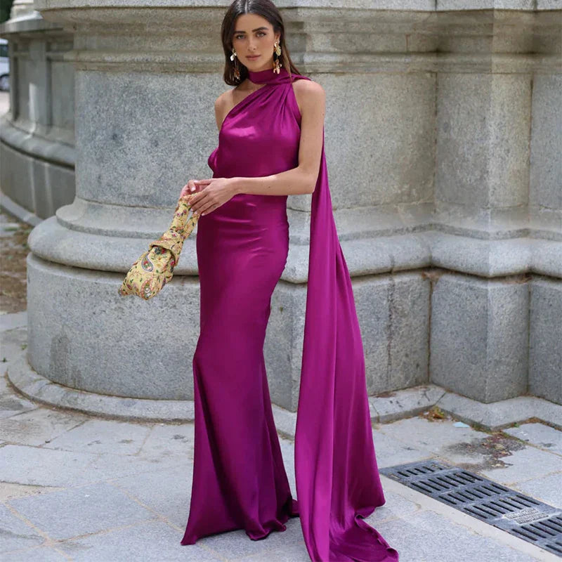 Women's Scarf Neck Maxi Dress – Sleeveless Draped Cape Wedding Guest