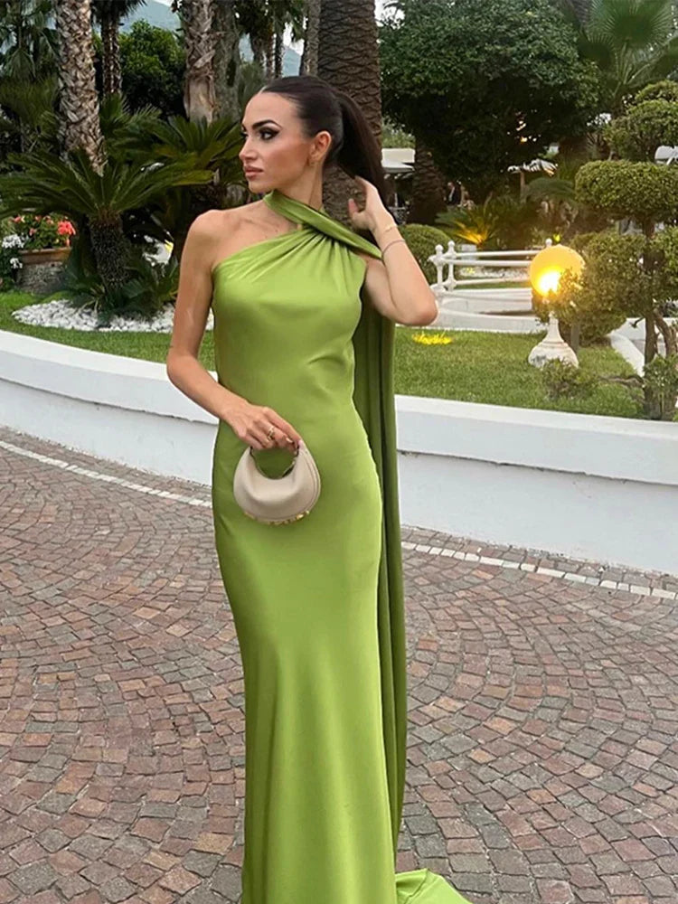 Women's Scarf Neck Maxi Dress – Sleeveless Draped Cape Wedding Guest