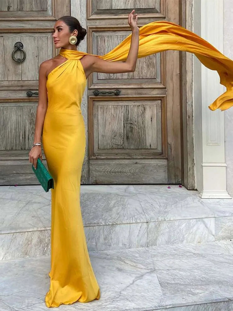 Women's Scarf Neck Maxi Dress – Sleeveless Draped Cape Wedding Guest