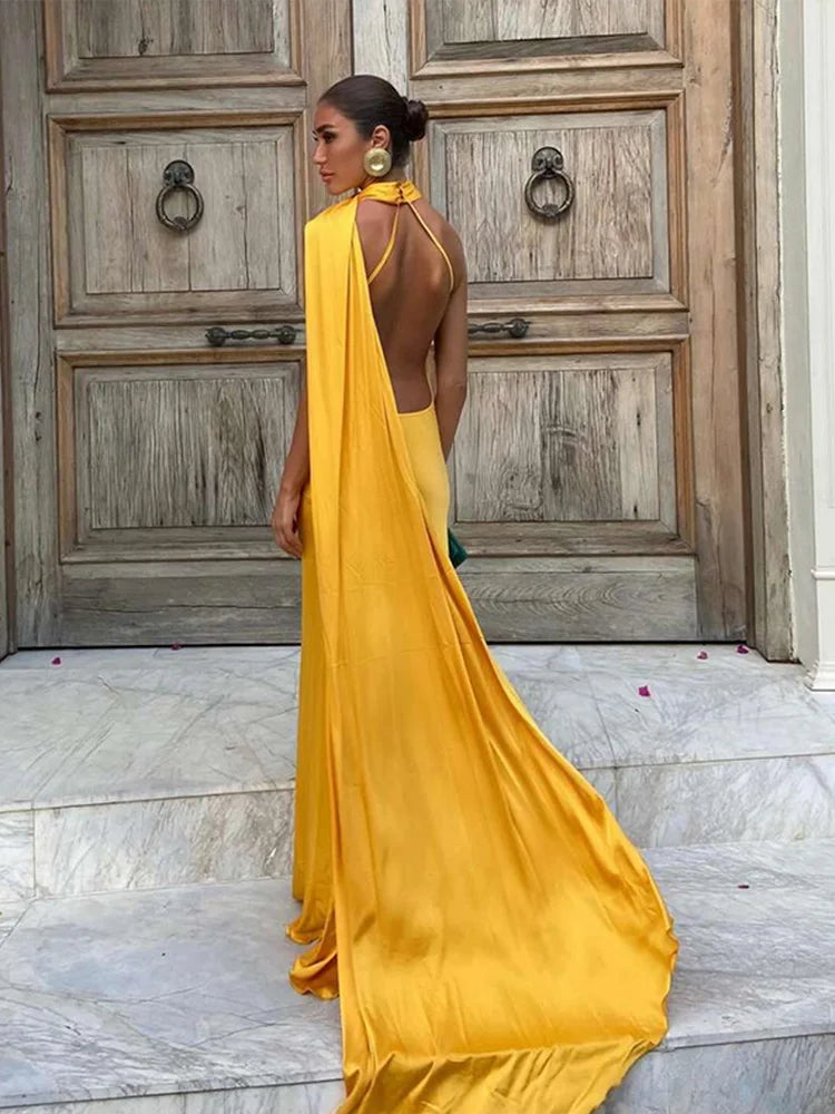 Women's Scarf Neck Maxi Dress – Sleeveless Draped Cape Wedding Guest