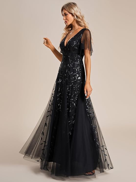 Women's Sequin Leaf Maxi Dress – V Neck Flutter Sleeve Wedding Guest