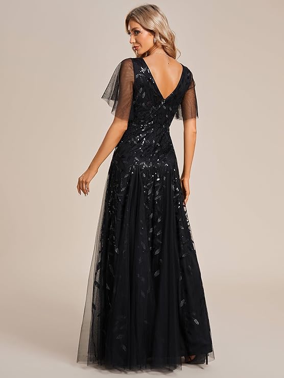 Women's Sequin Leaf Maxi Dress – V Neck Flutter Sleeve Wedding Guest