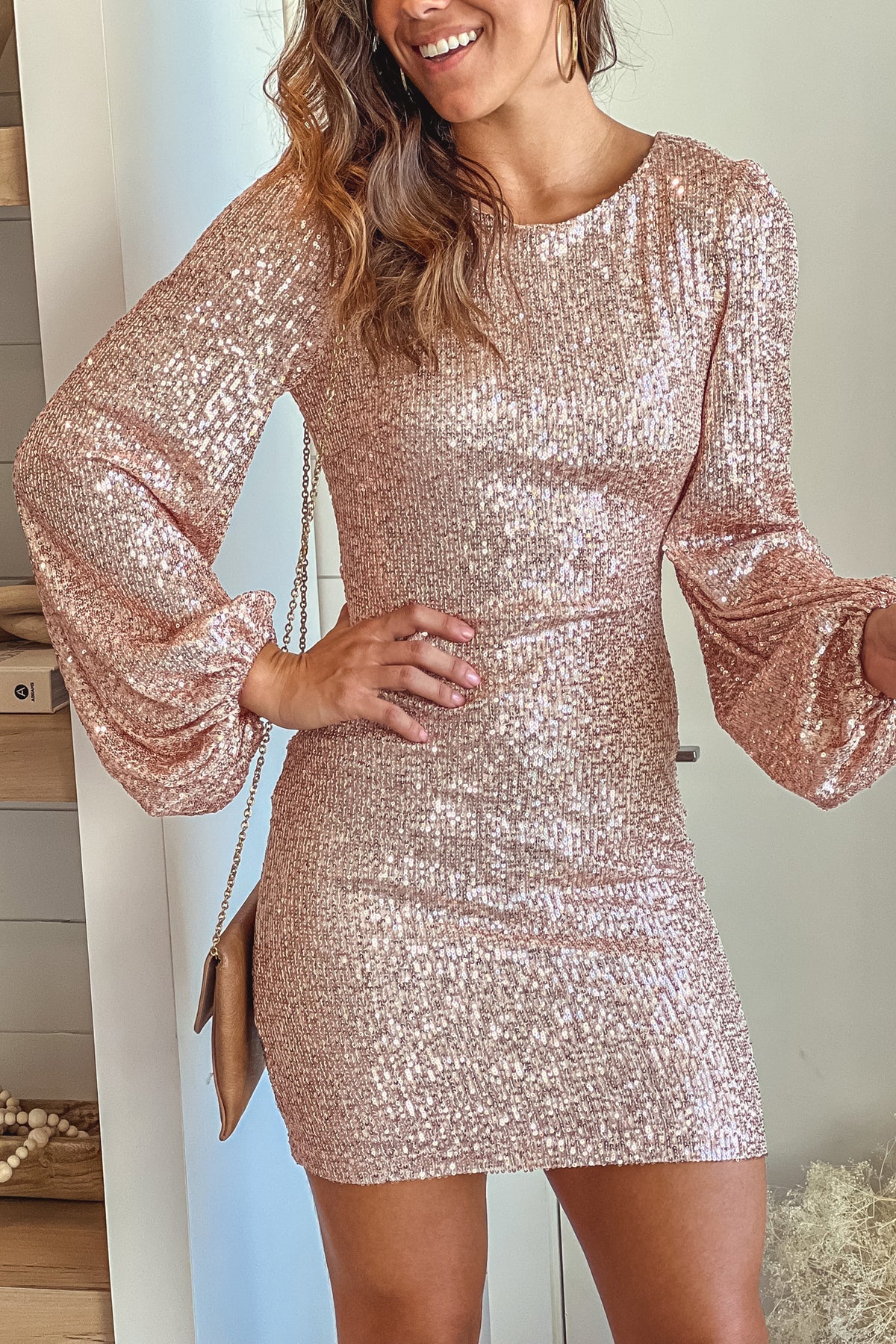 Women's Sequin Mini Dress – Round Neck Balloon Sleeve Bodycon Cocktail