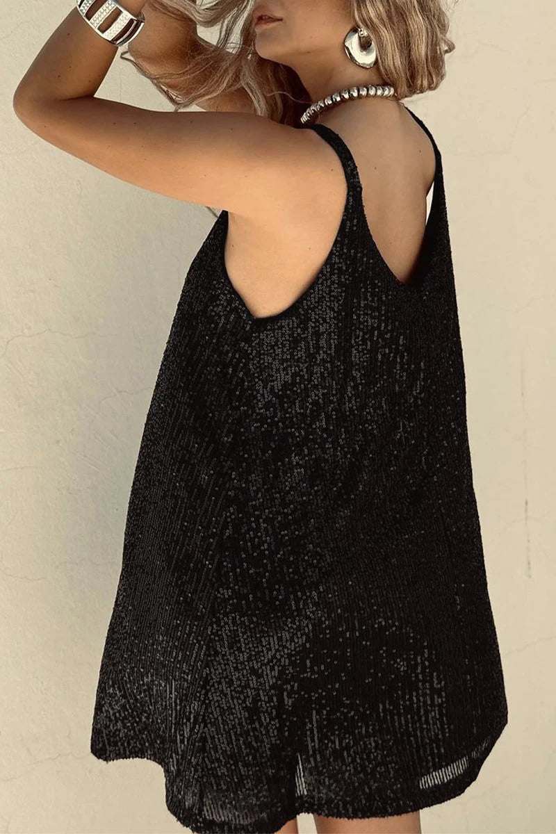 Women's Sequin Mini Dress – V Neck Spaghetti Strap Twist Waist Prom Party