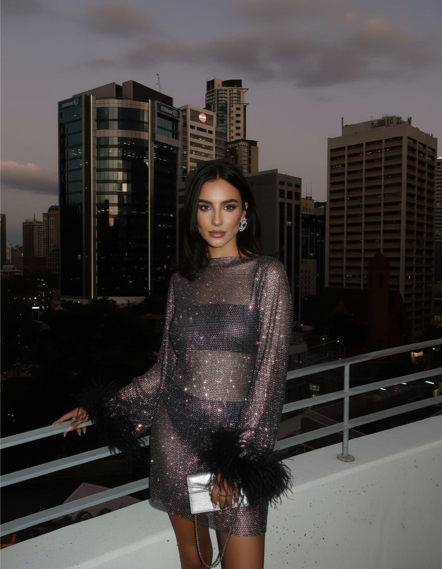 Women's Sequin Sheer Sleeve Mini Dress – Round Neck Feather Trim Cocktail