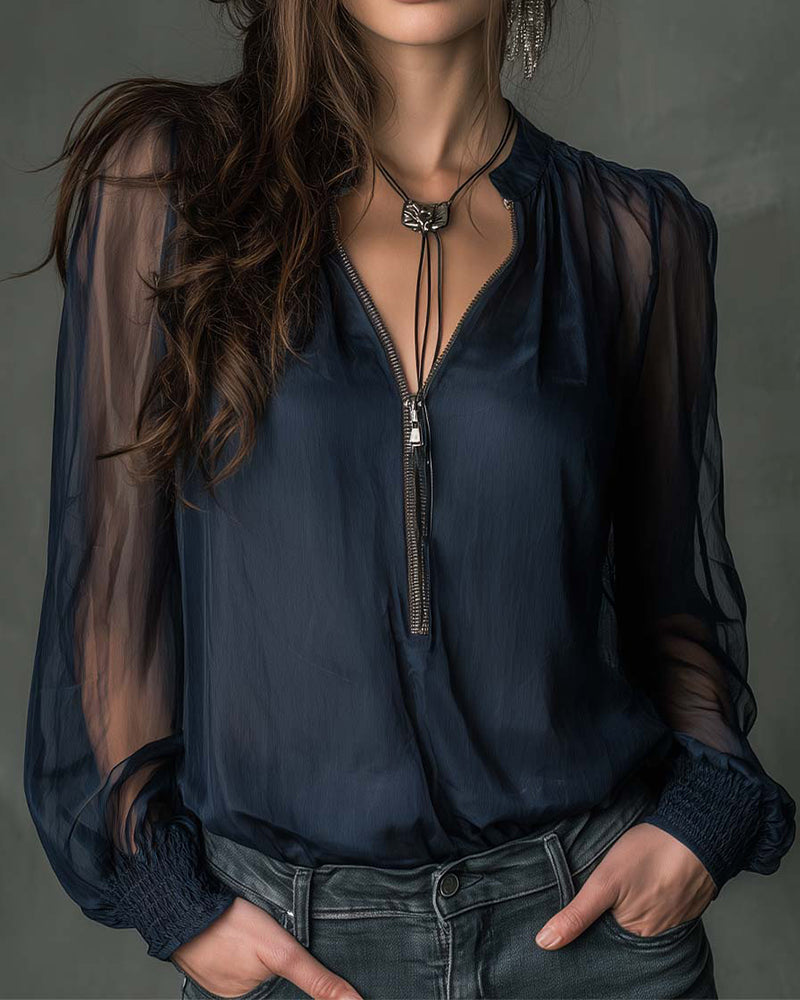 Women's Sheer V-Neck Blouse – Zip Front Long Sleeve Smocked Cuff Evening