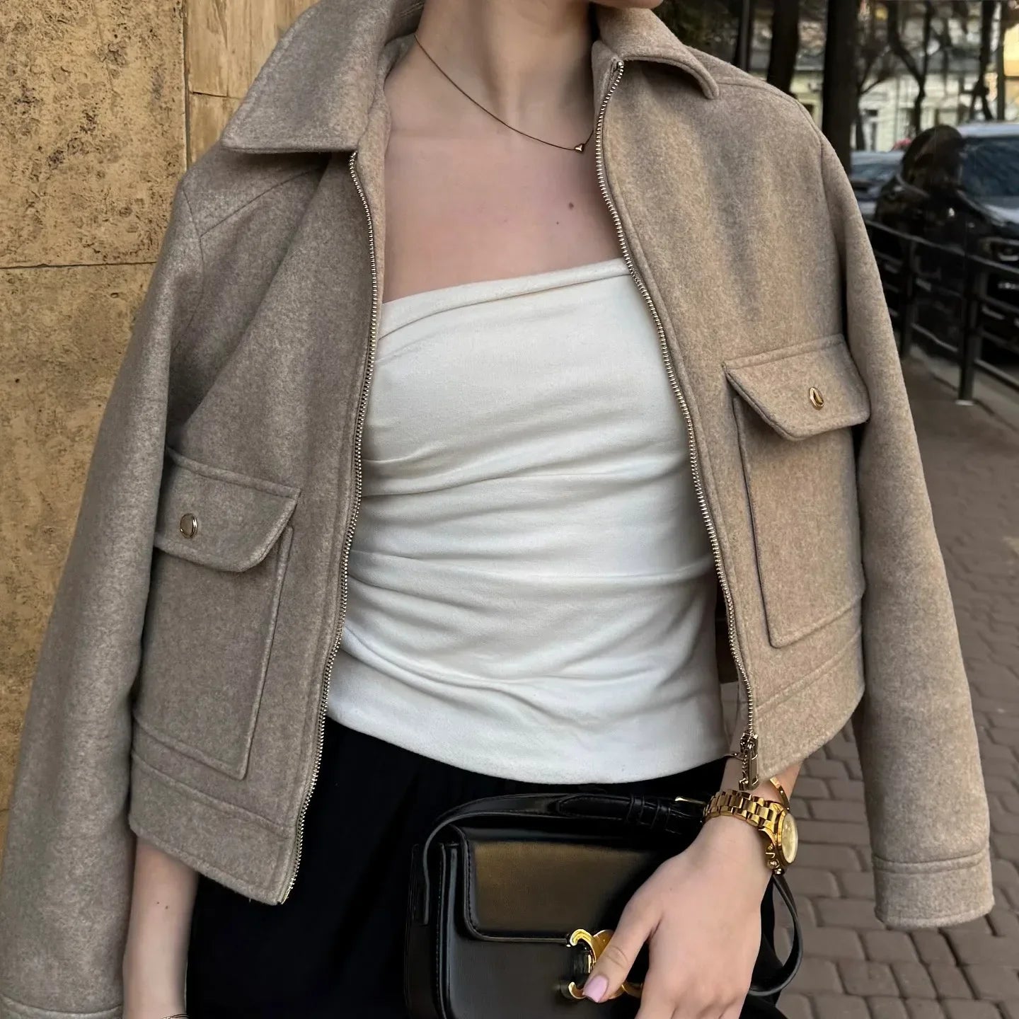 Women's Cropped Zip Front Bomber Jacket – Spread Collar Flap Pockets