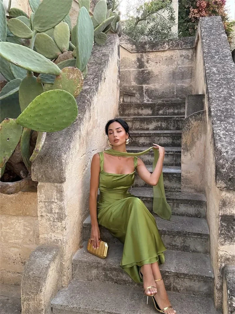 Women's Sleeveless Maxi Dress – Cowl Neck Halter Ruched Waist Wedding Guest
