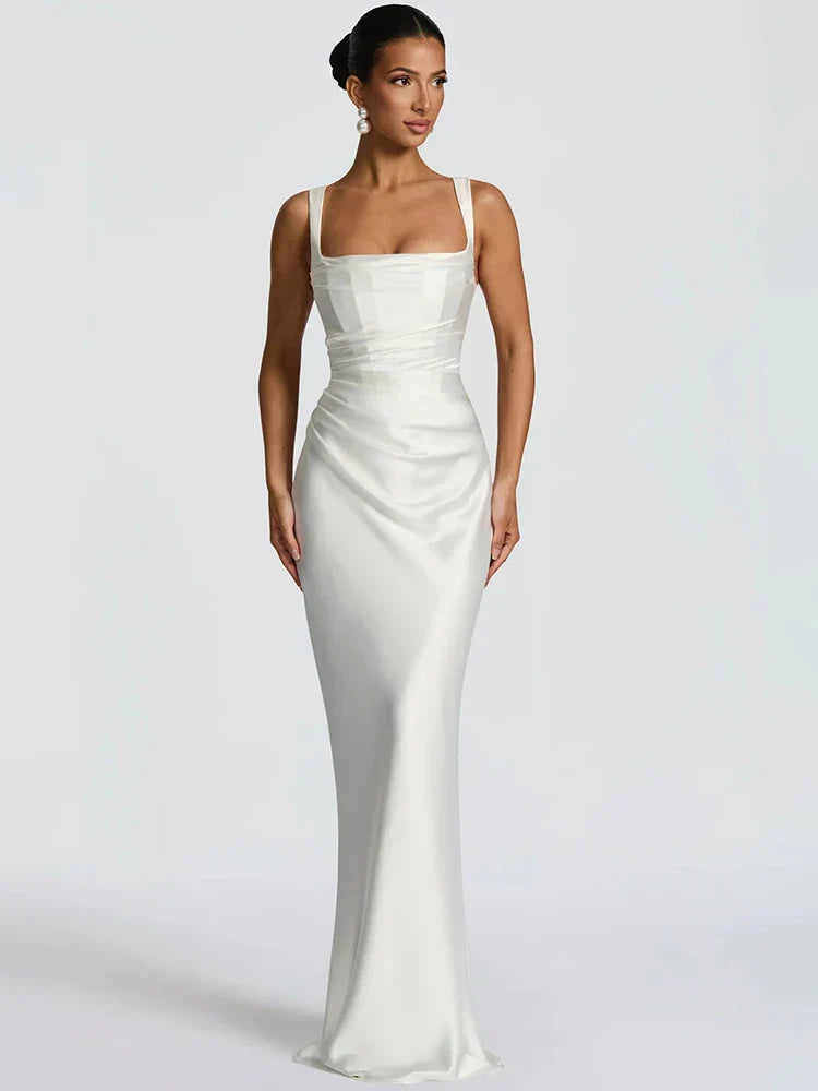 Women's Sleeveless Maxi Dress – Cowl Neck Halter Ruched Waist Wedding Guest