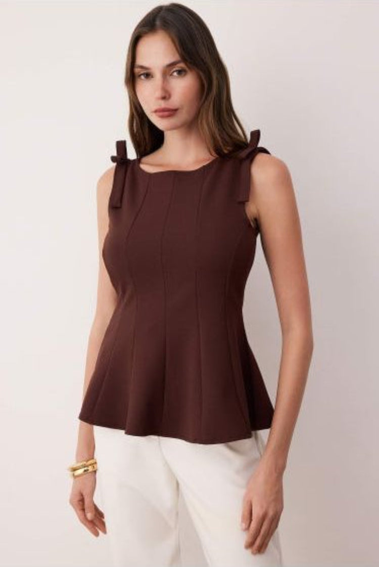 Women's Sleeveless Peplum Top – Square Neck Bow Shoulder Seam Detail Casual