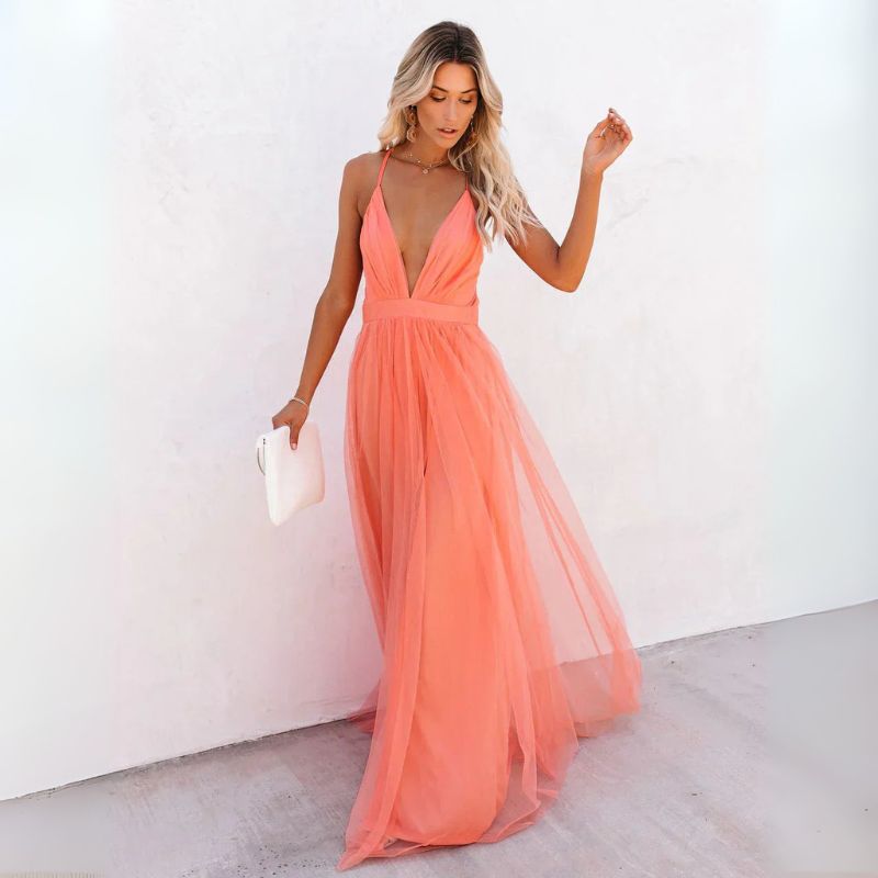 Women's Sleeveless V Neck Tulle Maxi – Spaghetti Strap Wedding Guest Dress