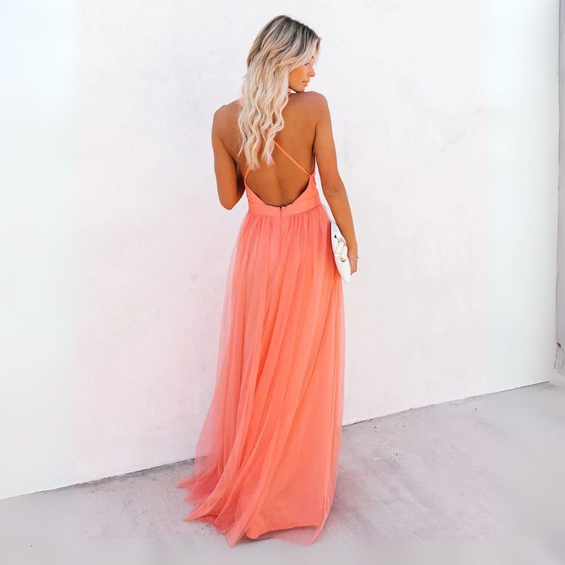 Women's Sleeveless V Neck Tulle Maxi – Spaghetti Strap Wedding Guest Dress