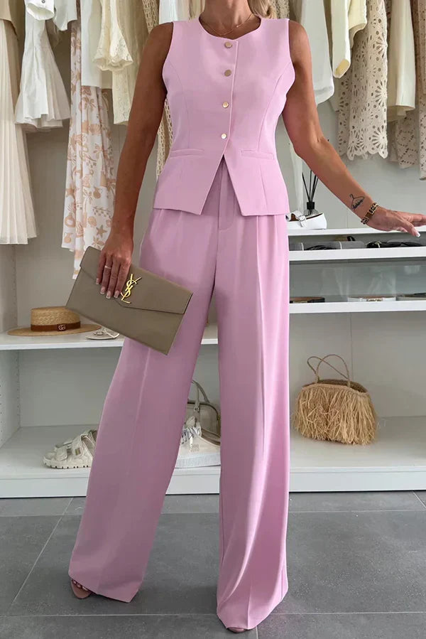 Women's Sleeveless Vest and Wide Leg Pants – Button Front Tailored 2 Piece Set