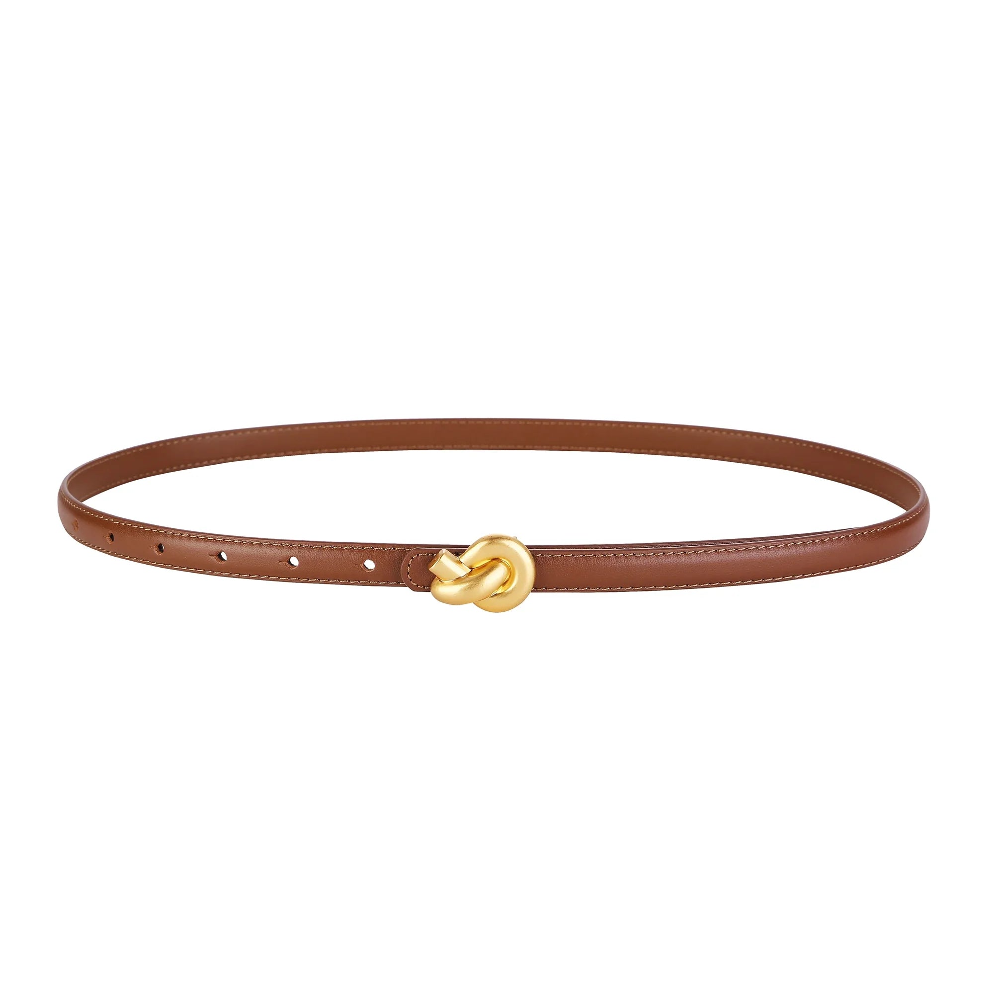 Women's Slim Faux Leather Belt – Knot Buckle Topstitched Everyday Office