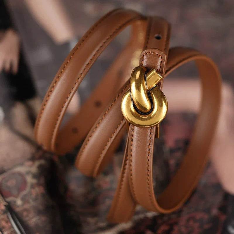 Women's Slim Faux Leather Belt – Knot Buckle Topstitched Everyday Office