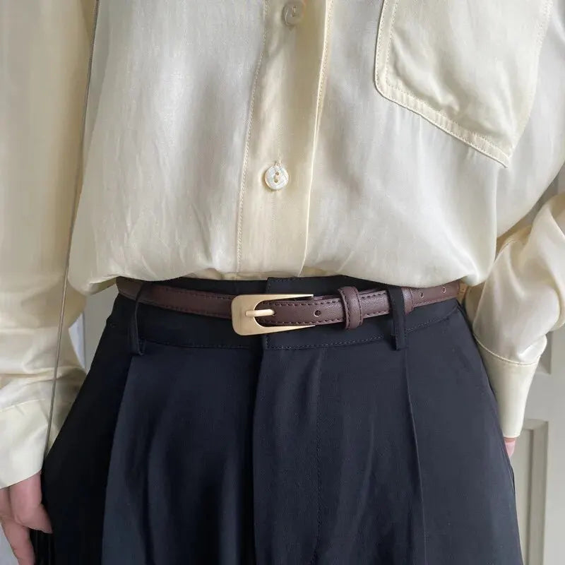 Women's Slim Faux Leather Belt – Pin Buckle Stitched Everyday Casual