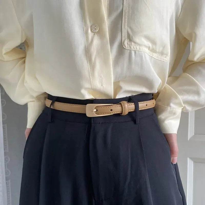 Women's Slim Faux Leather Belt – Pin Buckle Stitched Everyday Casual