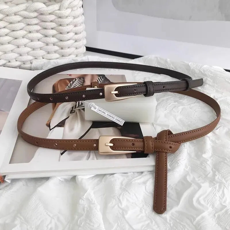 Women's Slim Faux Leather Belt – Pin Buckle Stitched Everyday Casual