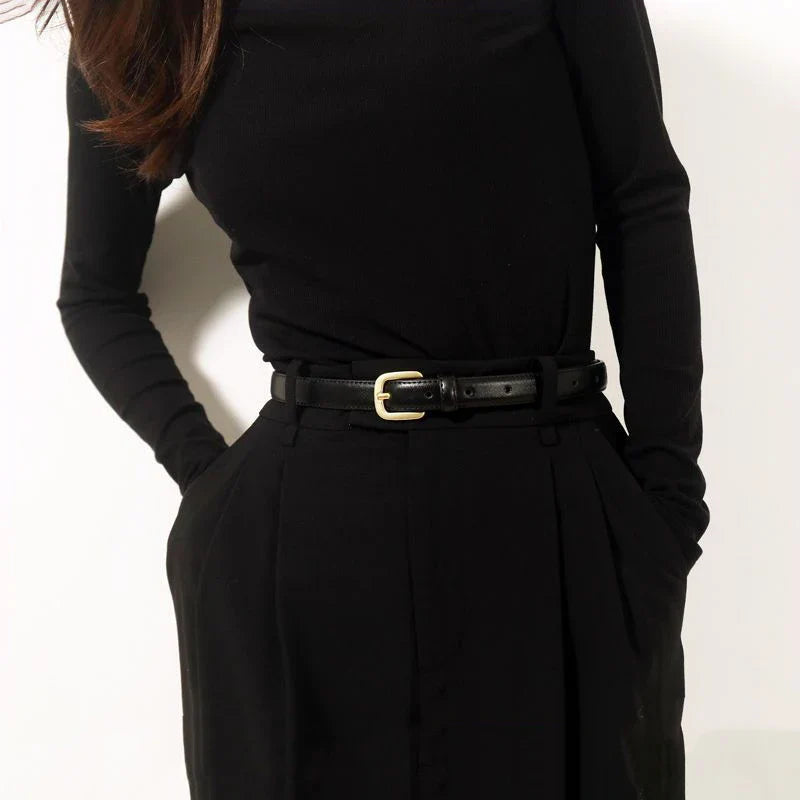 Women's Slim Faux Leather Belt – Square Pin Buckle Topstitched Everyday