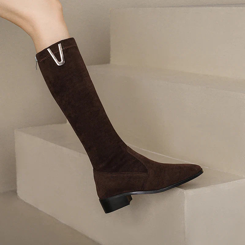 Women's Slip On Knee High Boots – Round Toe Block Heel V Tab Casual Winter