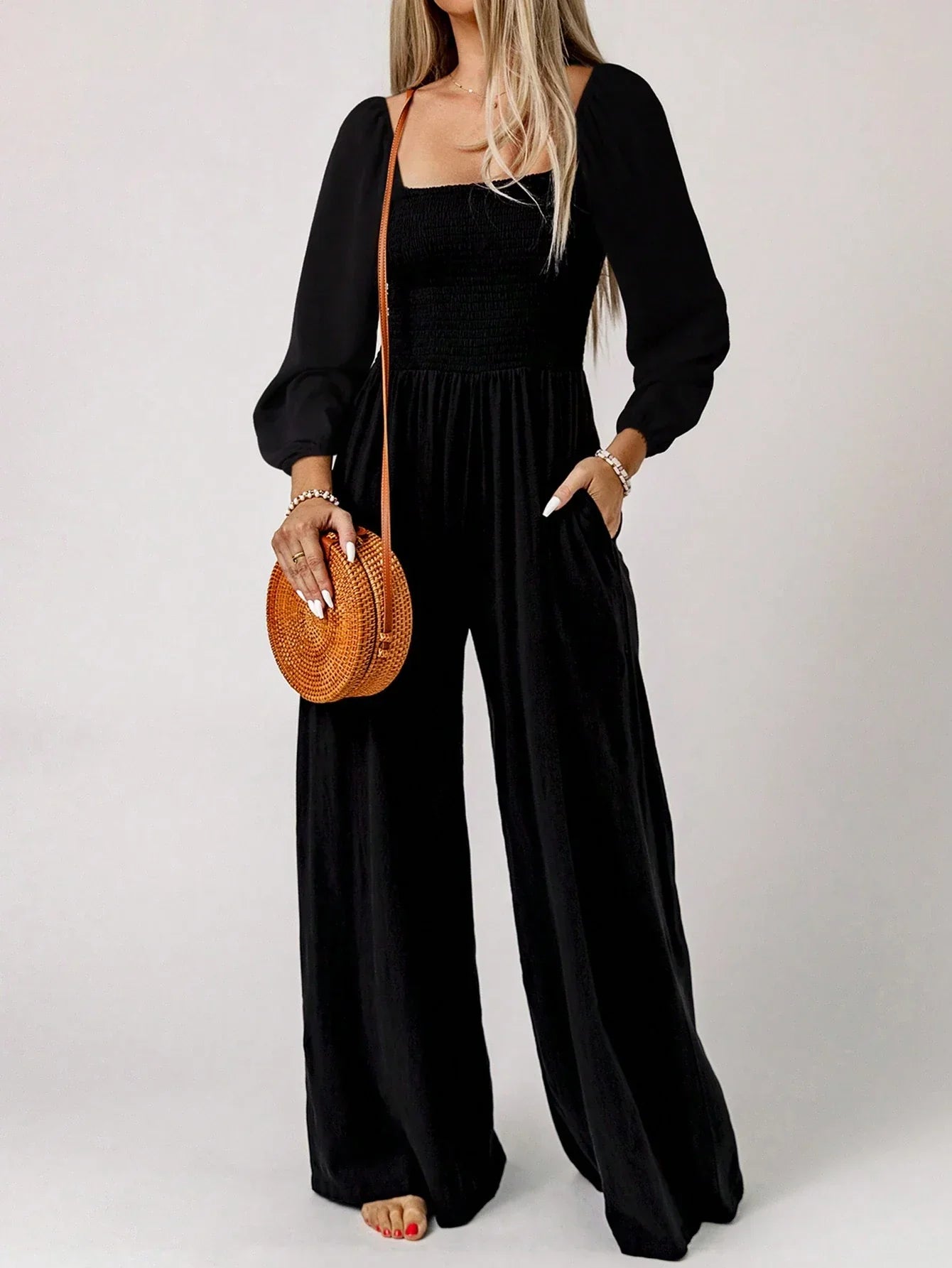Women's Smocked Jumpsuit – Square Neck Puff Sleeve Wide Leg Casual