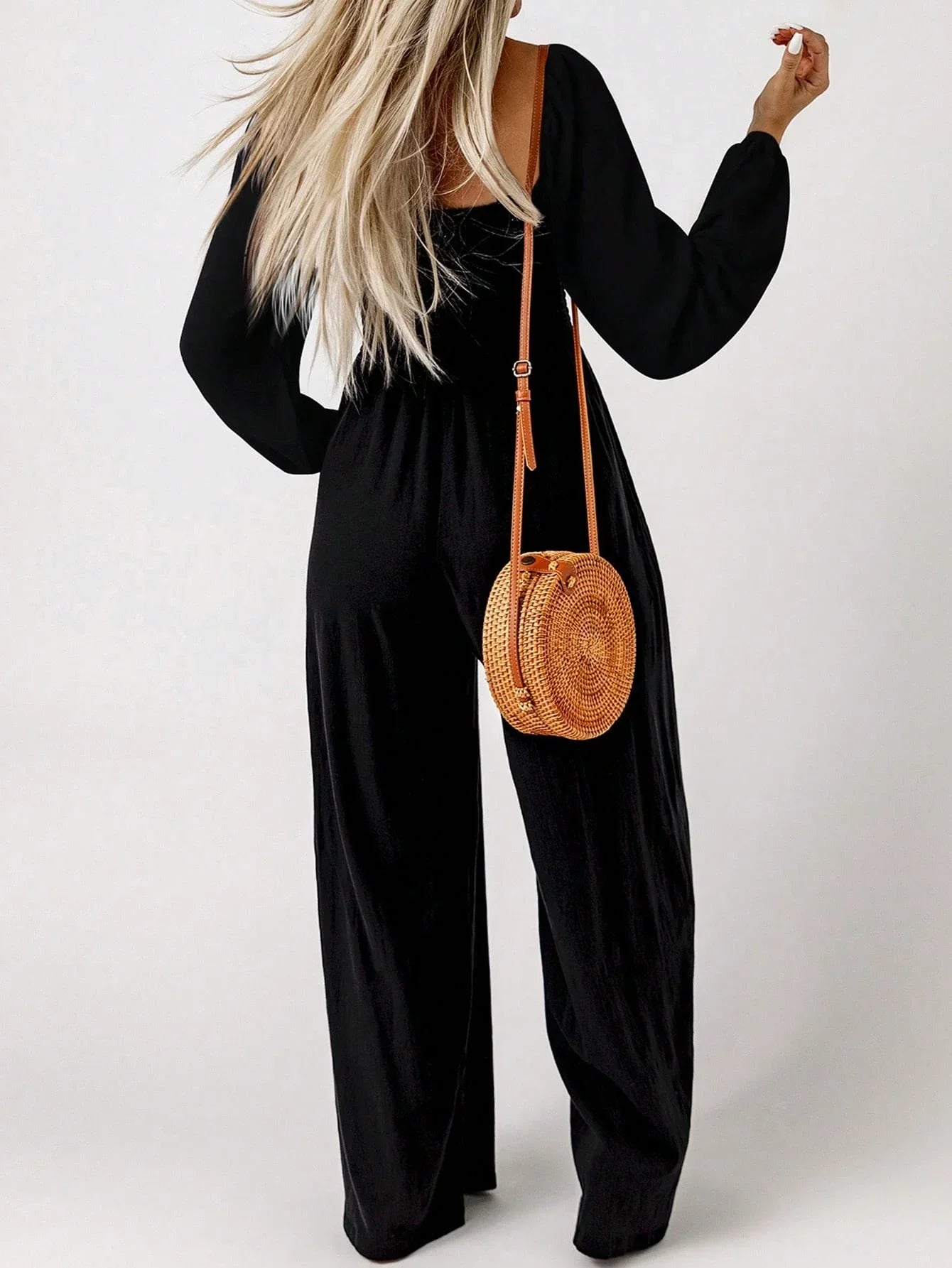 Women's Smocked Jumpsuit – Square Neck Puff Sleeve Wide Leg Casual