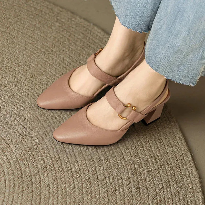 Women's Solid Pointed Toe Heels – Ankle Buckle Strap Block Heel Dress Shoes