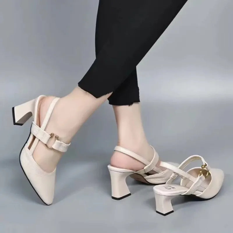 Women's Solid Pointed Toe Heels – Ankle Buckle Strap Block Heel Dress Shoes