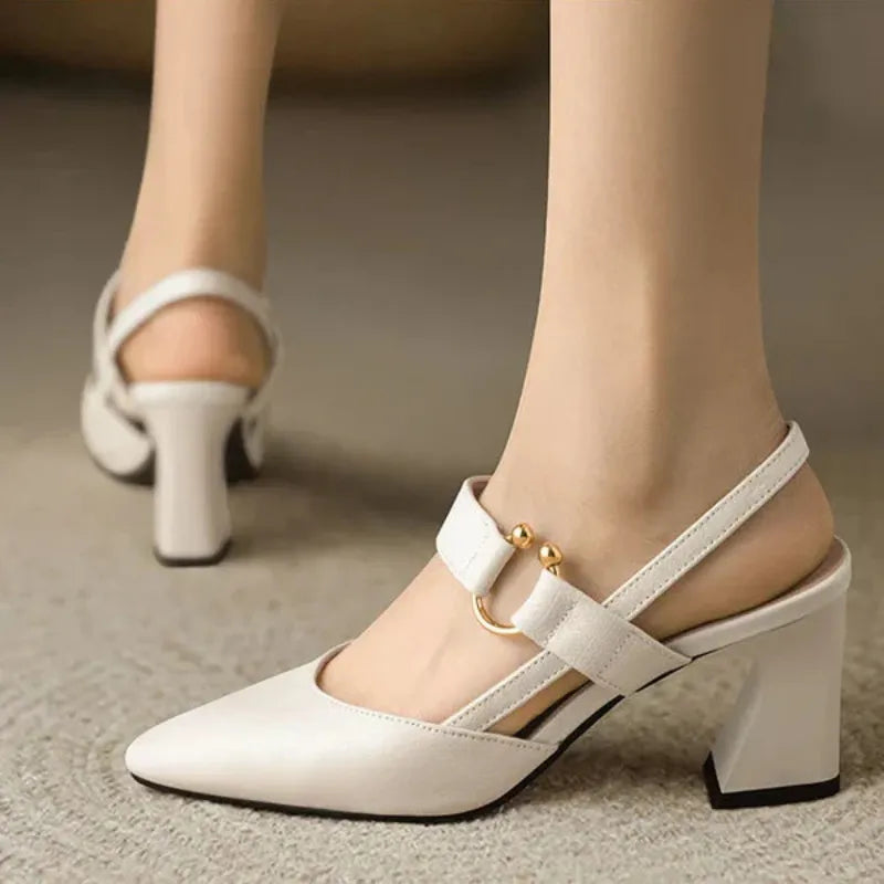 Women's Solid Pointed Toe Heels – Ankle Buckle Strap Block Heel Dress Shoes