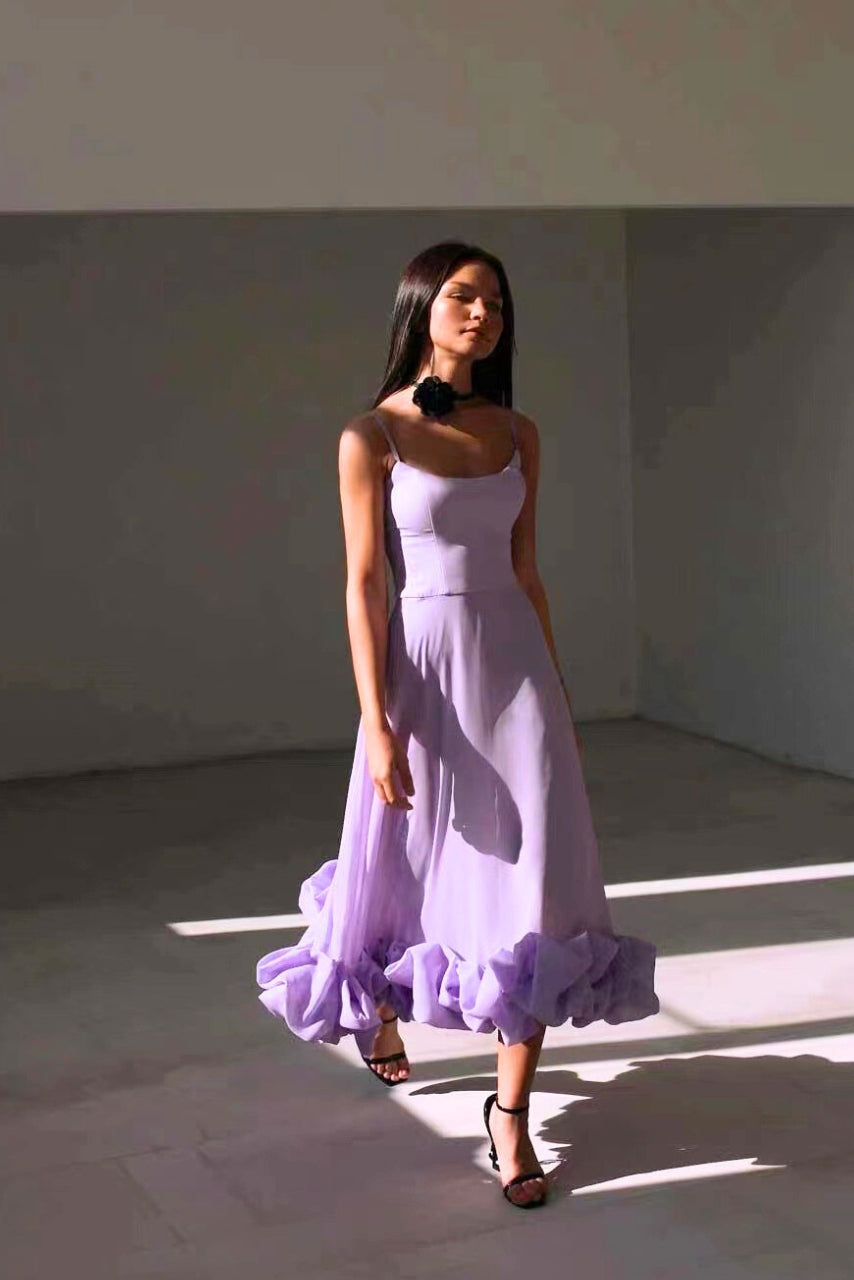 Women's Solid Spaghetti Strap Midi – Scoop Neck Ruffle Hem Wedding Guest Dress
