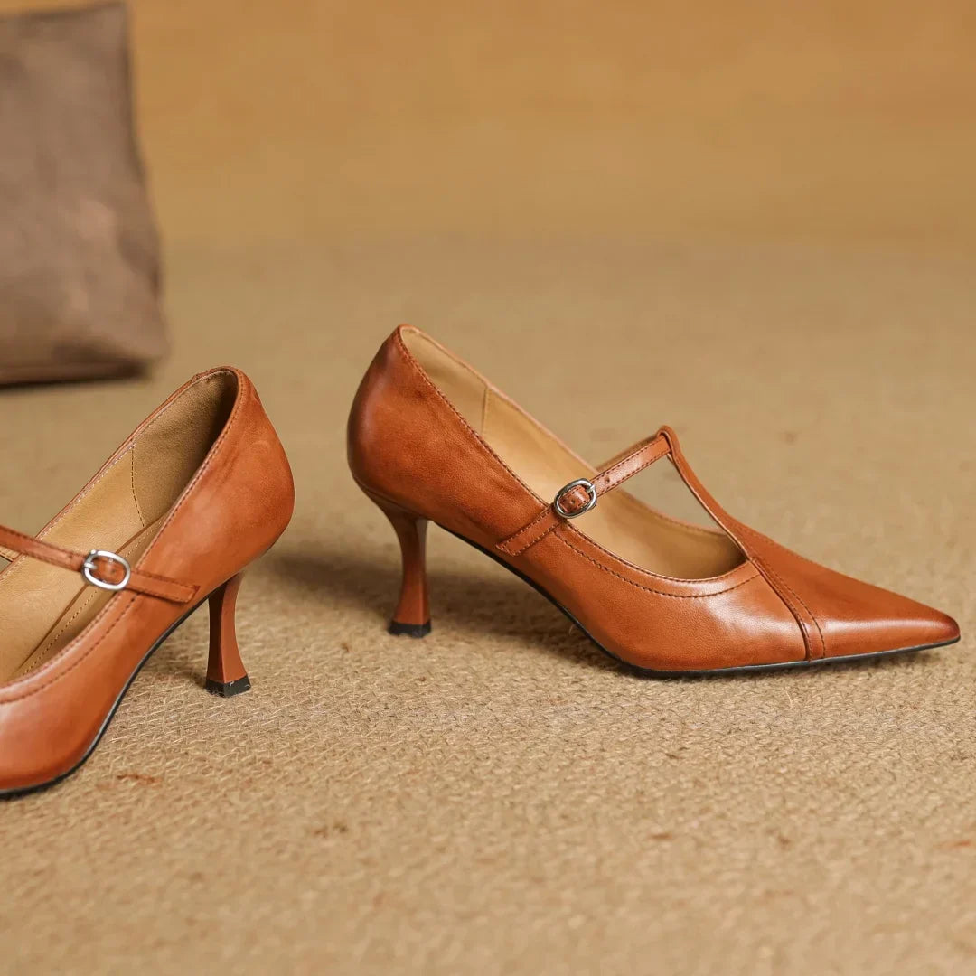 Women's Solid T-Strap Pointed Toe Pumps – Panelled Upper Slim Heel Dress Shoes