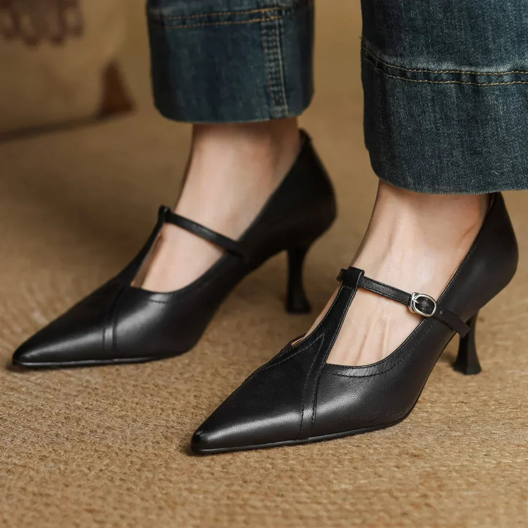 Women's Solid T-Strap Pointed Toe Pumps – Panelled Upper Slim Heel Dress Shoes