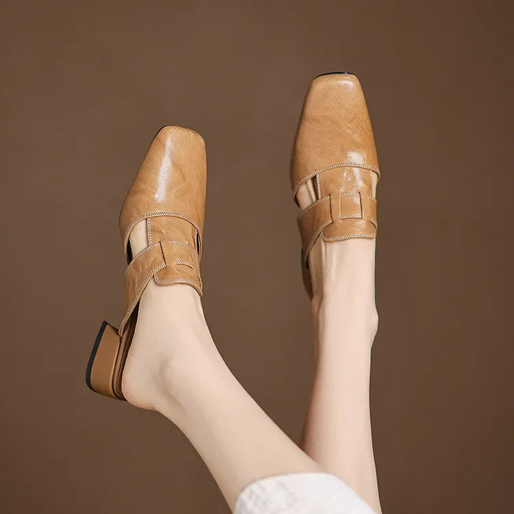 Women's Square Toe Mule Shoes – Block Heel H Strap Cutout Smart Casual
