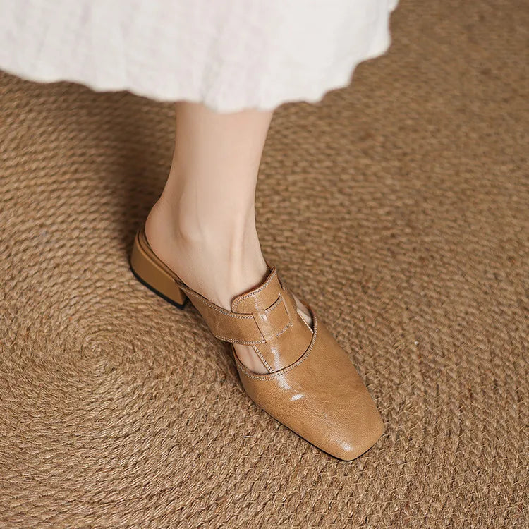 Women's Square Toe Mule Shoes – Block Heel H Strap Cutout Smart Casual