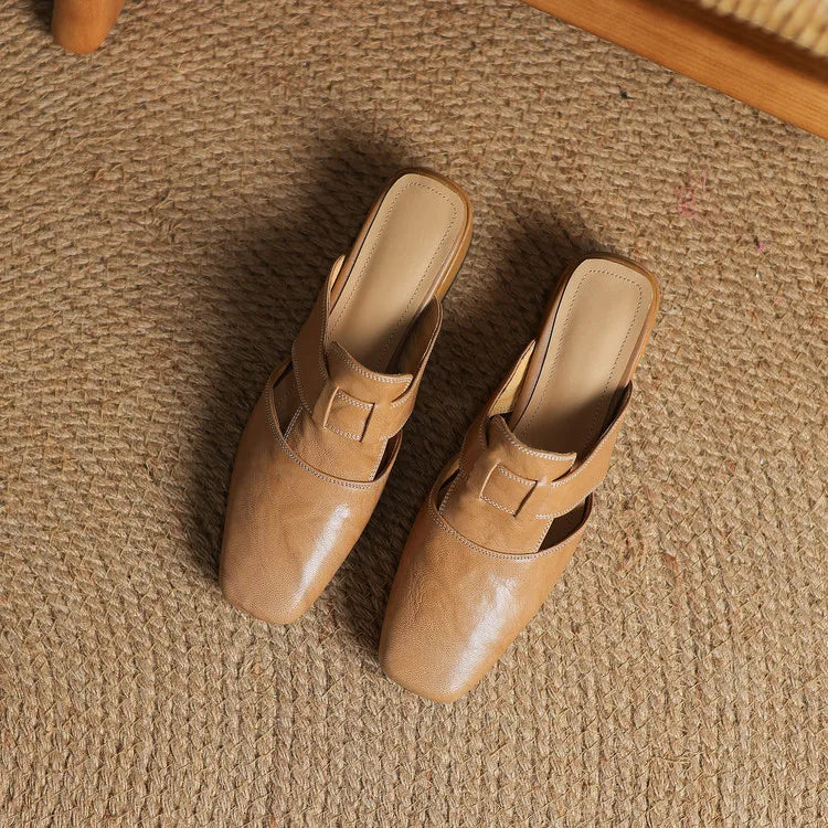 Women's Square Toe Mule Shoes – Block Heel H Strap Cutout Smart Casual