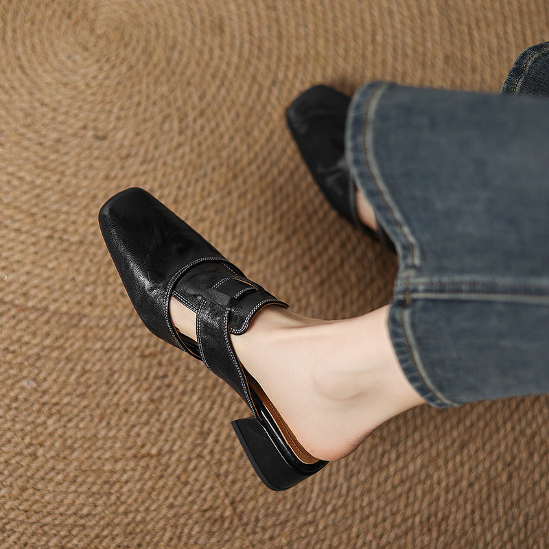 Women's Square Toe Mule Shoes – Block Heel H Strap Cutout Smart Casual