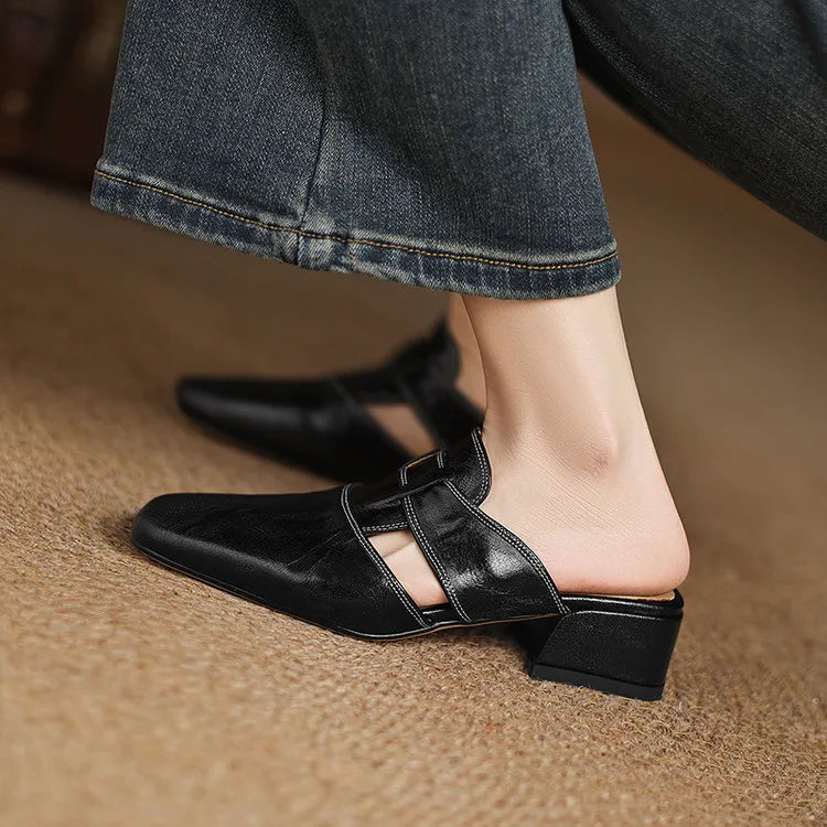 Women's Square Toe Mule Shoes – Block Heel H Strap Cutout Smart Casual