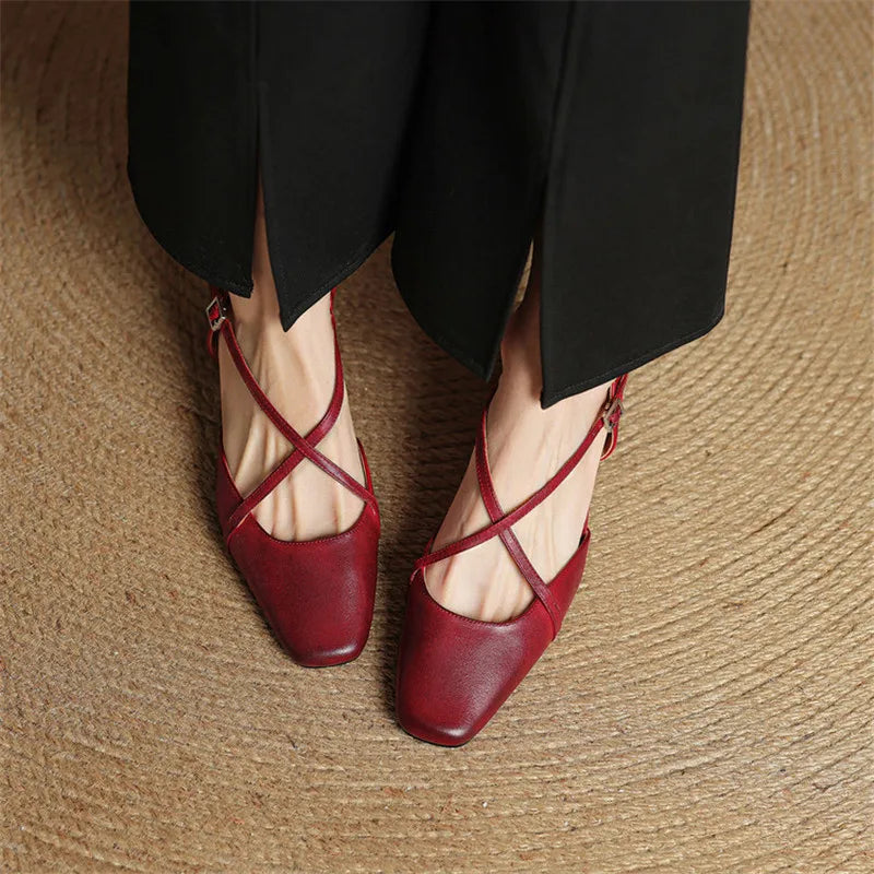 Women's Square Toe Slingback – Cross Strap Block Heel Office Work Shoes