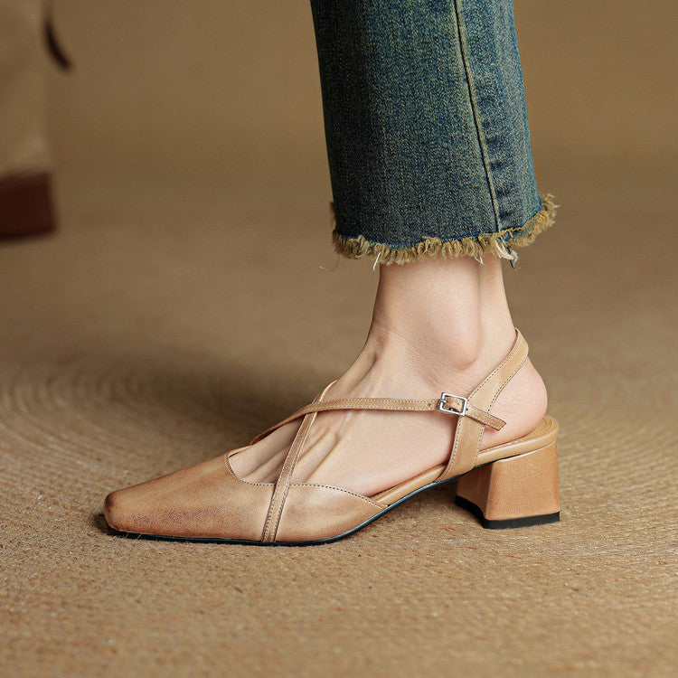 Women's Square Toe Slingback – Cross Strap Block Heel Office Work Shoes