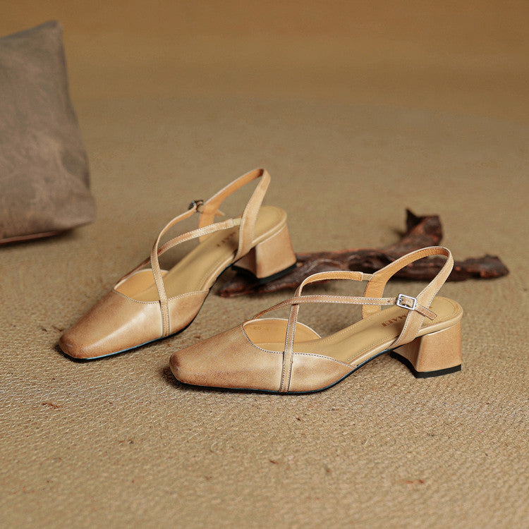 Women's Square Toe Slingback – Cross Strap Block Heel Office Work Shoes