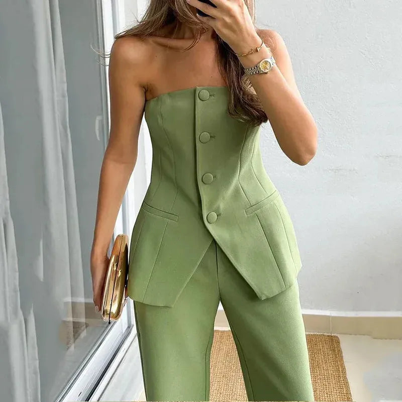 Women's Strapless Vest and Pants – Button Front Tailored 2 Piece Evening Set