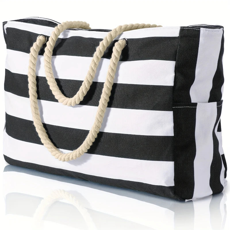 Women's Stripe Canvas Tote Bag – Rope Handle Zip Top Large Beach Summer