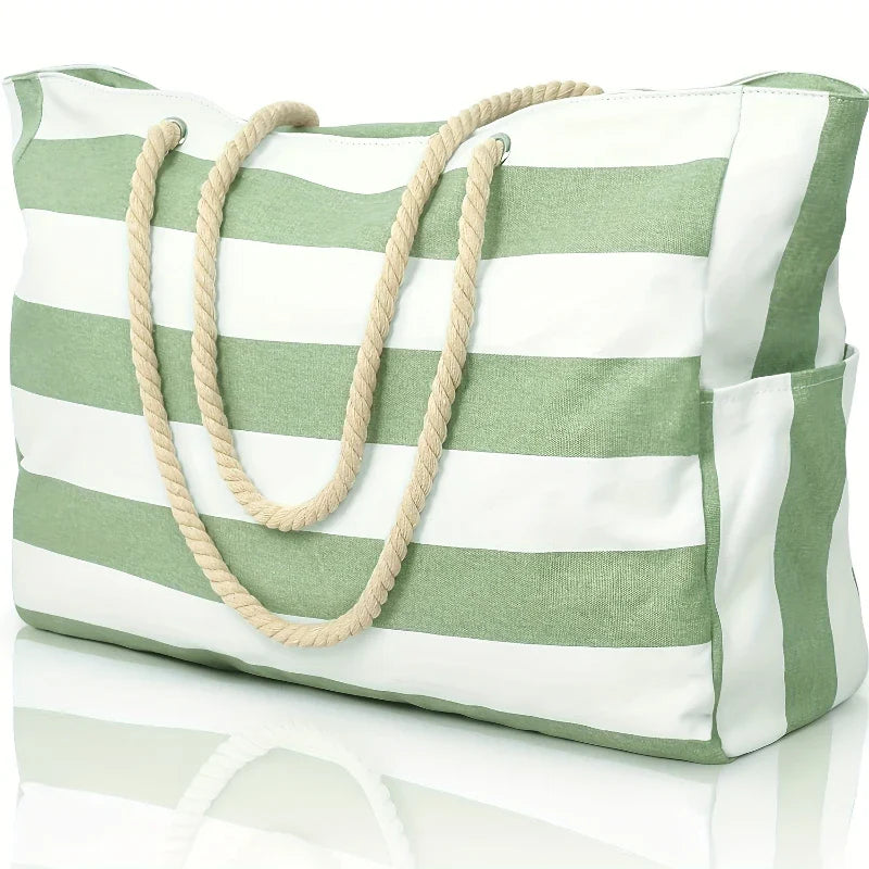 Women's Stripe Canvas Tote Bag – Rope Handle Zip Top Large Beach Summer