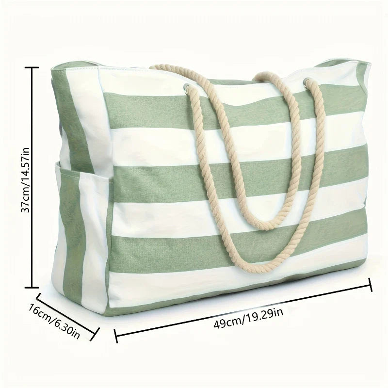 Women's Stripe Canvas Tote Bag – Rope Handle Zip Top Large Beach Summer